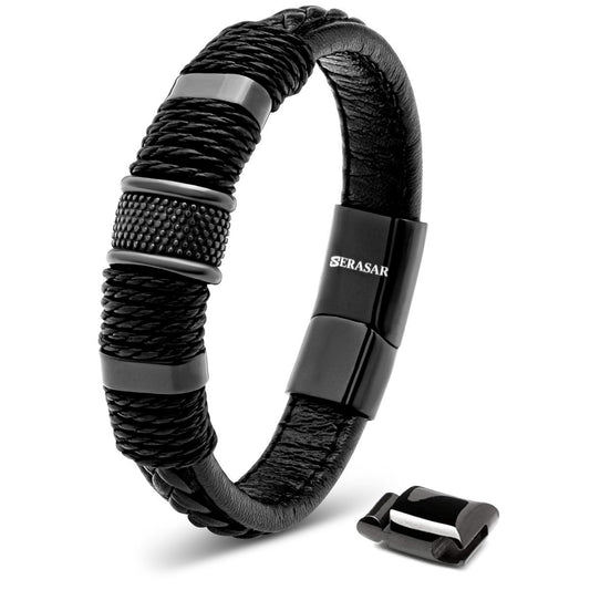 SERASAR Leren Herenarmband – Echt Rundleer &amp; Roestvrij Staal | Magnetische Sluiting